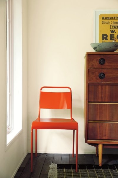 BM Mascarpone offset by a pop of orange in the home of a digital designer, using the high chroma colors of BM's 2016 Trends Palette  . Image source:  Copperline