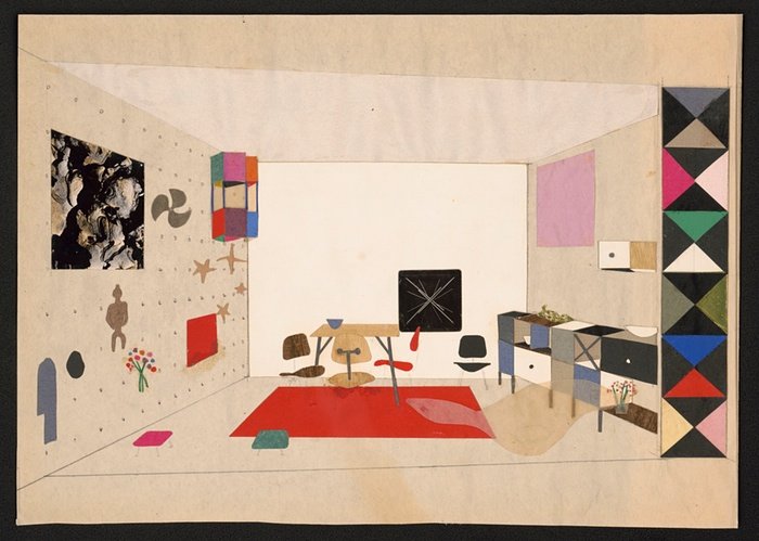 Collage of a room display for An Exhibition for Modern Living, 1949. Photograph: Eames Office