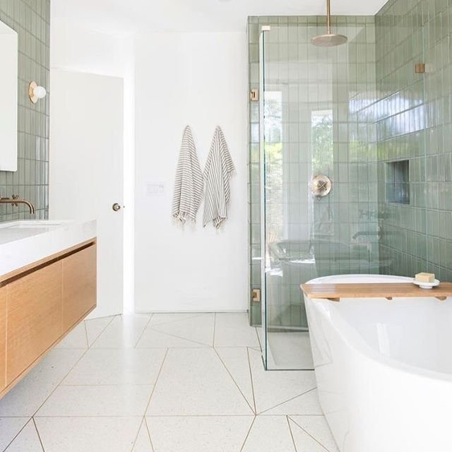 A gorgeous bathroom can make every day begin (and end) with beauty. This stunner by @sarahshermansamuel with @fireclaytile has been making the design rounds pretty heavily lately. And for good reason! We spent some time with our clients #projectpalmspringsinshermanoaks yesterday going over fixtures, tubs, toilets, and discussing the final master bathroom layout. Getting that balance of modern but warm, mid-century proper to honor the home’s architecture and history without feeling contrived or hokey, and blending tiles, textures, and complementary tones to spaces we want our clients to love for years to come. It’s a process with a million moving parts! Happy Sunday, y’all! ✨